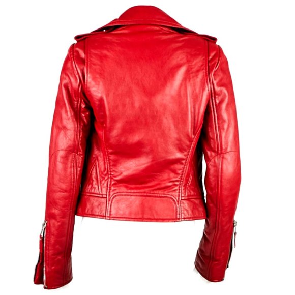 Balenciaga Designer Luxury Red Leather Moto Jacket- Small - Picture 6 of 15